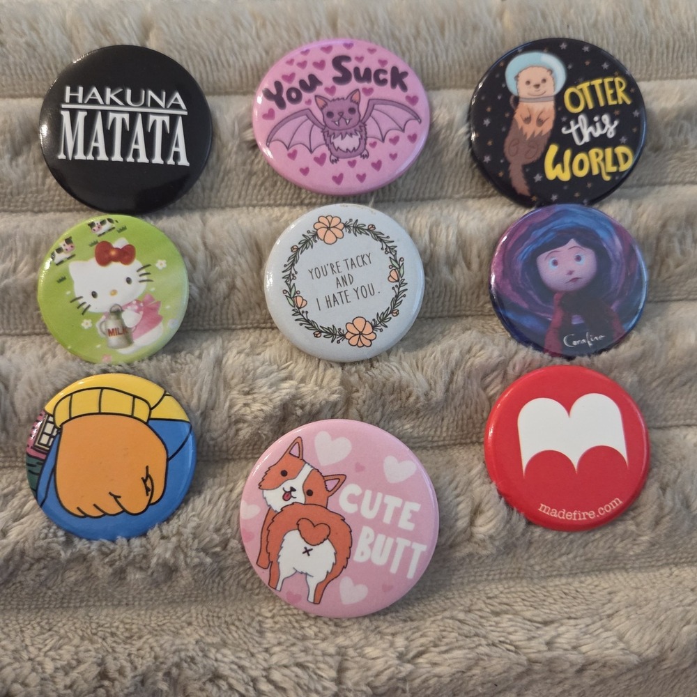 Lot of 9 Pop Culture Pinback Buttons Meme Humor Sarcastic Coraline Hello Kitty